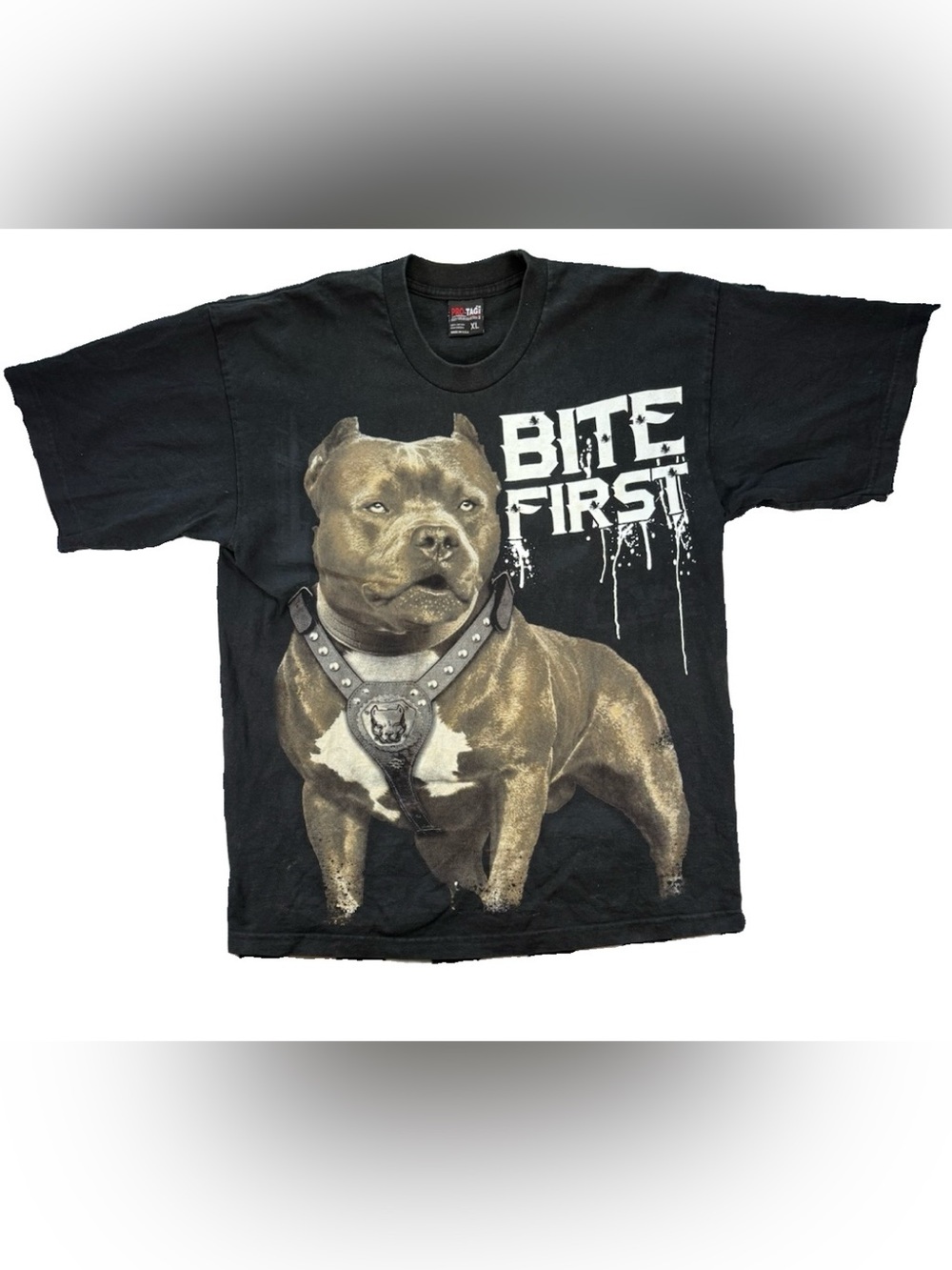 Vintage Pro Tag Pitbull Bite First T Shirt Men's XL Black Pro Tag Y2K Dog AOP